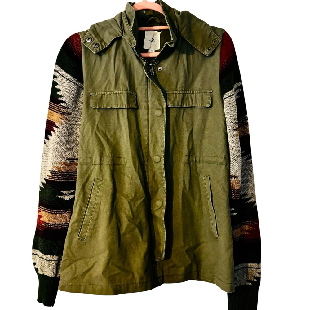 Thread & Supply XS Olive Utility Jacket with Patterned Knit Sweater Sleeves